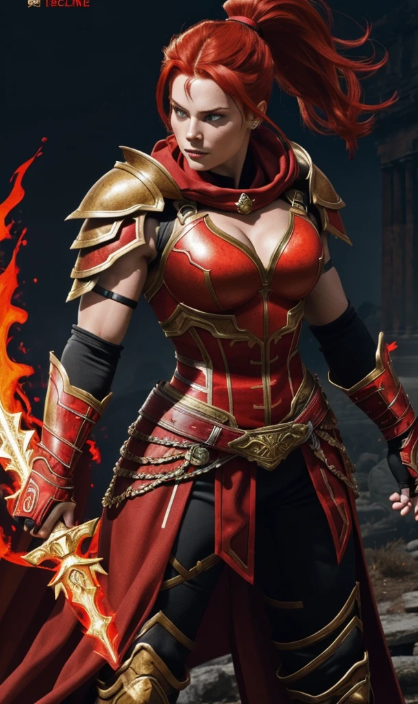 A muscular female warrior with red hair in a high ponytail, wearing a red and gold armored outfit. Her costume includes a form-fitting top and large shoulder guards, with a dark cloak around her neck. The background is dark with orange flames, adding a dramatic effect. JoeMAD2023,1girl, Red_Monica_v2, large breasts, action pose, 8k, uhd, best quality, cartoon, armor, trending on artstation, vibrant colors, epic fantasy, comic style,red hair, ancient city, toned body, abs,