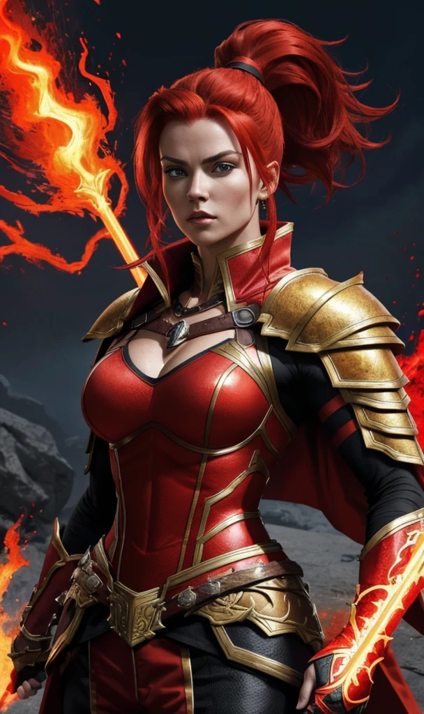 A muscular female warrior with red hair in a high ponytail, wearing a red and gold armored outfit. Her costume includes a form-fitting top and large shoulder guards, with a dark cloak around her neck. The background is dark with orange flames, adding a dramatic effect. JoeMAD2023,1girl, Red_Monica_v2, large breasts, action pose, 8k, uhd, best quality, cartoon, armor, trending on artstation, vibrant colors, epic fantasy, comic style,red hair, ancient city, toned body, abs,