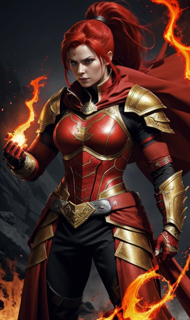 A muscular female warrior with red hair in a high ponytail, wearing a red and gold armored outfit. Her costume includes a form-fitting top and large shoulder guards, with a dark cloak around her neck. The background is dark with orange flames, adding a dramatic effect. JoeMAD2023,1girl, Red_Monica_v2, large breasts, action pose, 8k, uhd, best quality, cartoon, armor, trending on artstation, vibrant colors, epic fantasy, comic style,red hair, ancient city, toned body, abs,