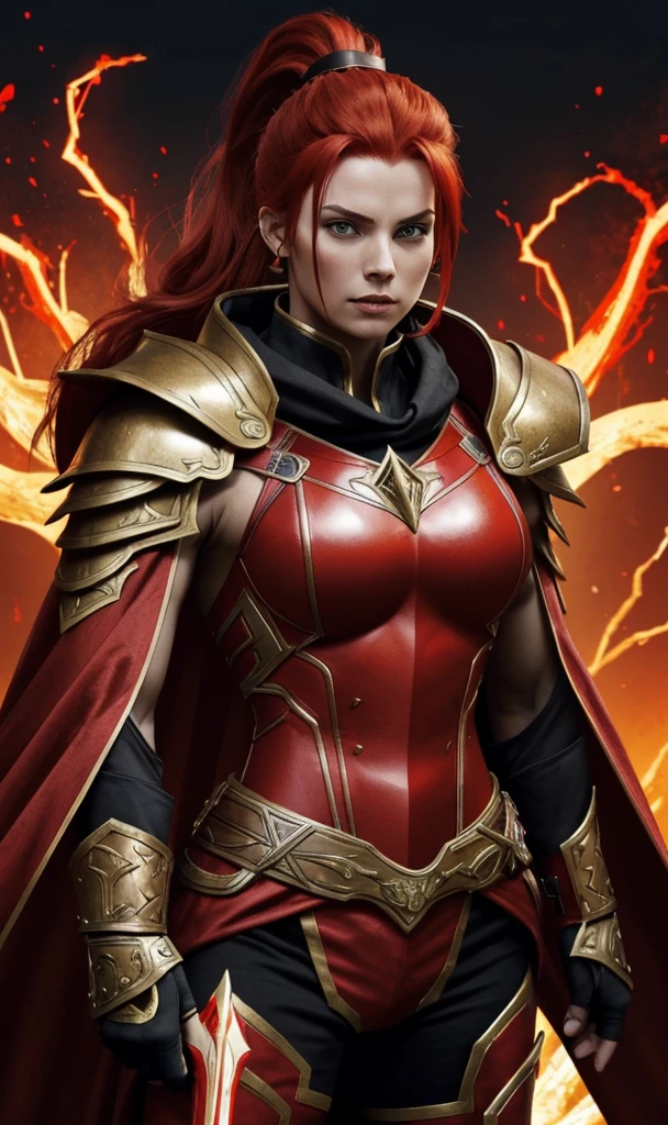 A muscular female warrior with red hair in a high ponytail, wearing a red and gold armored outfit. Her costume includes a form-fitting top and large shoulder guards, with a dark cloak around her neck. The background is dark with orange flames, adding a dramatic effect. JoeMAD2023,1girl, Red_Monica_v2, large breasts, action pose, 8k, uhd, best quality, cartoon, armor, trending on artstation, vibrant colors, epic fantasy, comic style,red hair, ancient city, toned body, abs,