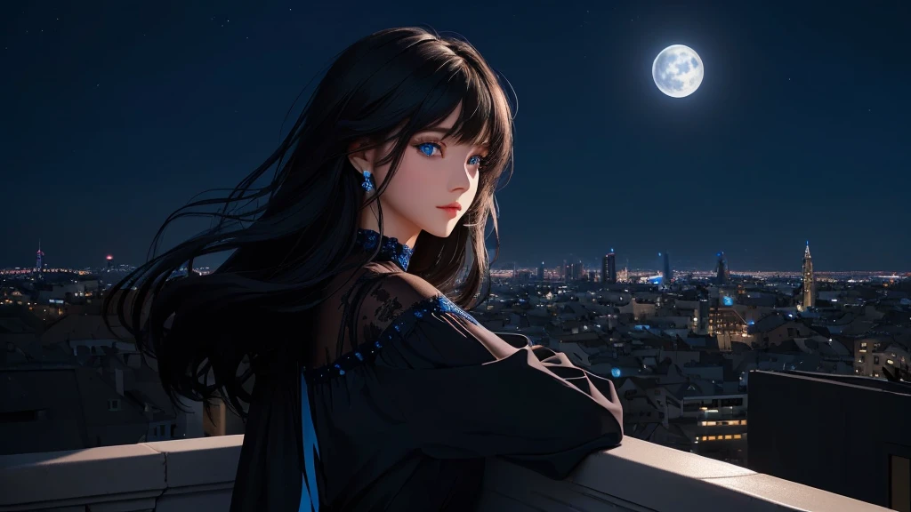 ultra-detailed, beautiful eyes, detailed eyes, detailed face, ultra-detailed, beautiful eyes, Black medium hair, high angle shot, Woman with beautiful blue eyes, looking at the city nightscape on a lonely night, profile, black casual loose-fitting dress, leaning against the wall, deep blue background, moonlight, fantastic lights of buildings and buildings, (((World with blue background))), ((city lights shining beautifully)), blur, Composition like a scene from a movie, master piece, best quality, high resolution, 16k