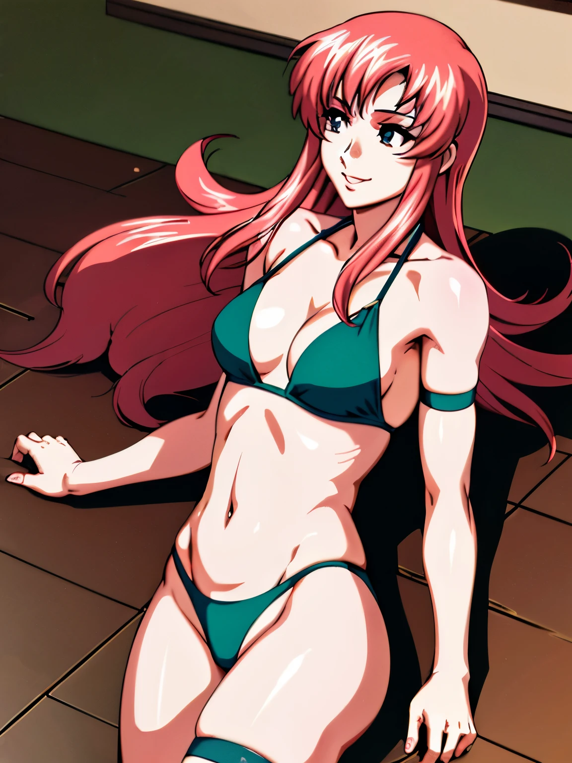 lacus4, (green bikini, lying, ((exposed pussy, lying on floor)), tall girl, focus on navel, masterpiece, ((laughing)), cowboy shot, very slim shoulders, 4K, Best Quality, Anime style: 1.9, happy, Adult Woman, (ultra detailed head), Drawing lines, high resolution, lacus4), clavicle, scapular, (Detailed wide hair bangs, Detailed reddish-pink hair, long detailed hair, slim arms, white skin), cleavage, (hair cover shoulders). (Big blue eyes, shiny eyes), ((female wrestler, (slim body), small shoulder blades, slim arms, thighs)), ((perfect proportions, medium breasts, medium thighs, half belly, defined arms)), ((leg strap)), smile with a wink, (lying on floor, hot colors), detailed fingers, (bare shoulder, looking away)
