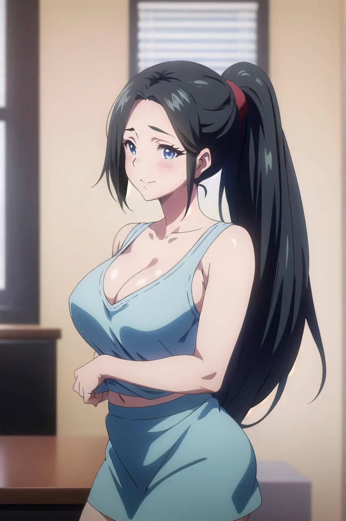 masterpiece, (best quality), 1woman,1girl ,haruhiko_ichijou_mother, black hair, long hair, ponytail, (blue eyes), (microskirt lifting by yourself), white panties,, panties on, big breasts ,, ,sexy woman,smile, hair between eyes, heart-shaped sleeveless sweater showing her bra and cleavage, embarrassed,blush, downblouse , vibrant colors ,natural lighting ,RTX, , beautiful, (detailed face:1.2), showcase, (perfect eyes:1.1) ,(photorealistic:1.1), 8k uhd, looking at viewer, indoors, simple backround, body shot