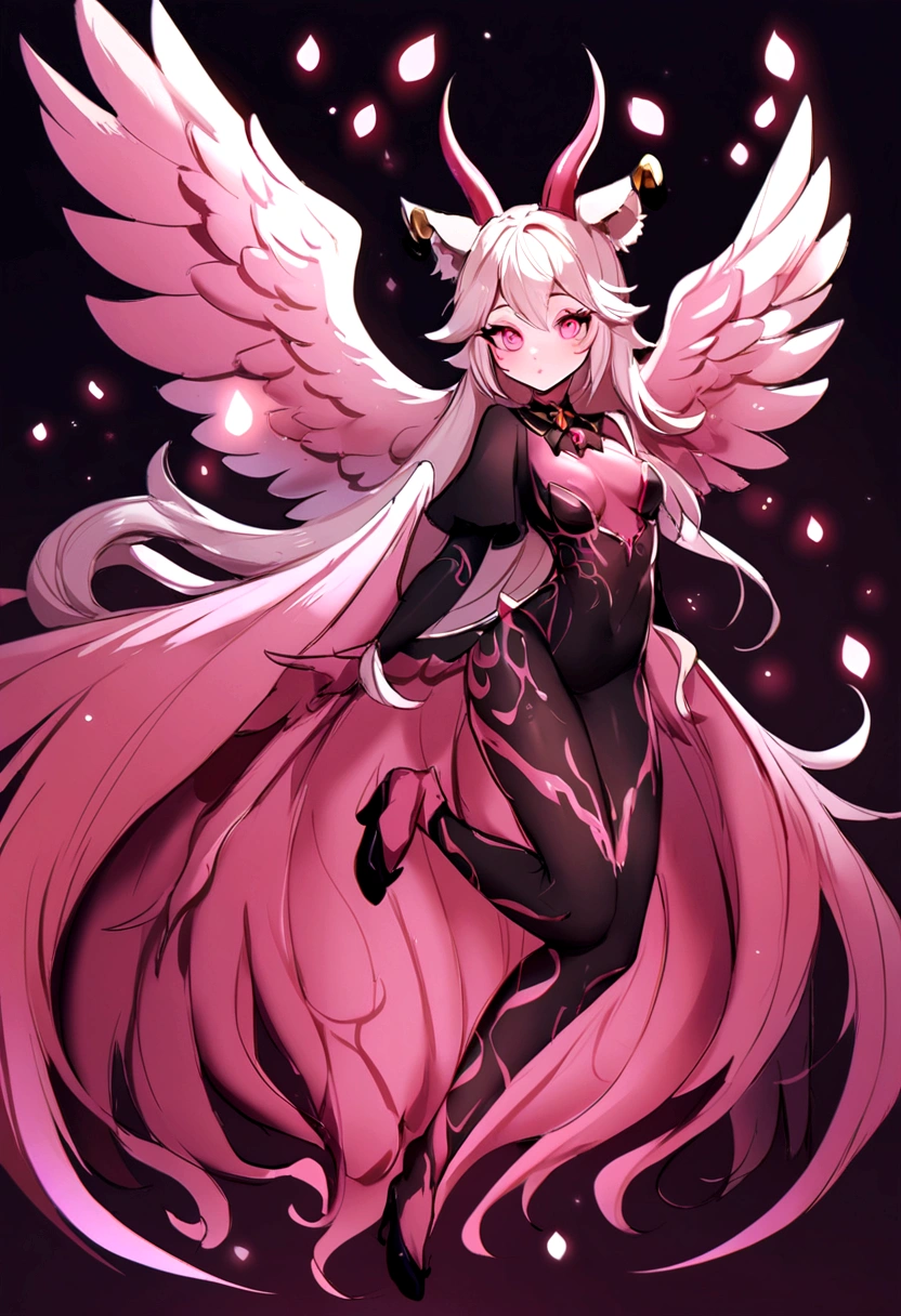 The goat that like a pigeon and flying - fox , flying fox wings , 4 legs , ears , horn , dark red aura , pink white eyes , liquid pink fur , beak , scarft