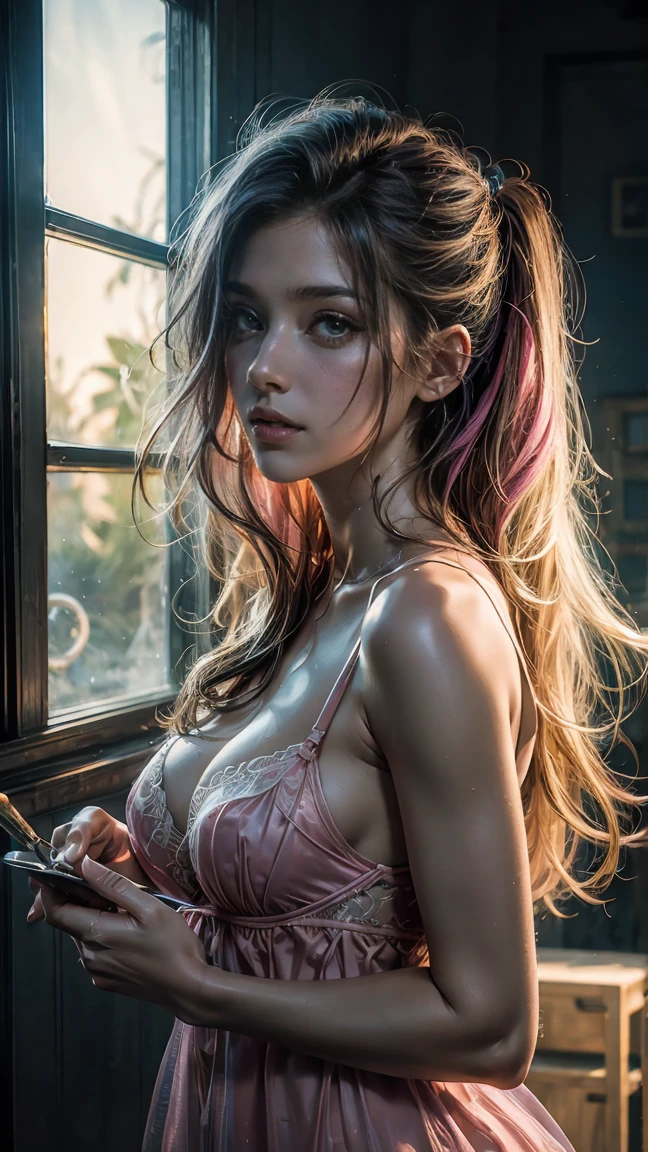 Beautiful and colorful woman: 21 years old woman, messy hair, oil painting, beautiful and perfect face with soft skin, perfect face, pinkish green colors, light and violet magnetic additions, light red additions, Cosplay, wearing sexy lingerie or transparent nightgown , holding cutlery, intricate details home screen masterpiece in 8k resolution beautiful face digital painting photorealistic art station smooth fluid black paint: photorealistic masterpiece in 8k resolution: intricately detailed fluid gouache painting: by John Baptist Mongue: calligraphy: acrylic: watercolor art, professional photography, natural lighting, volumetric lighting maximalist photo illustration: by Marton Bobzert: complex, elegant, expansive, Fantastic