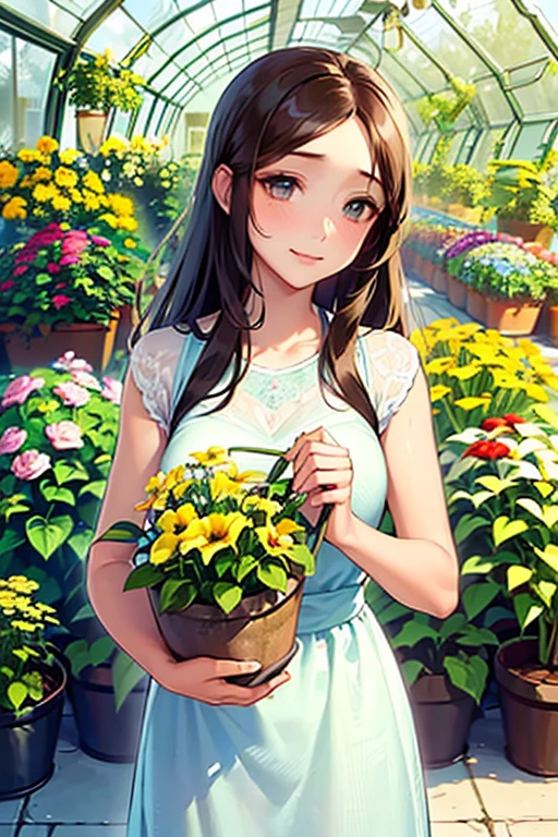 a beautiful girl, long brown hair, aquamarine eyes, gardening, flowers and plants, serene and kind expression, greenhouse, tending flowers