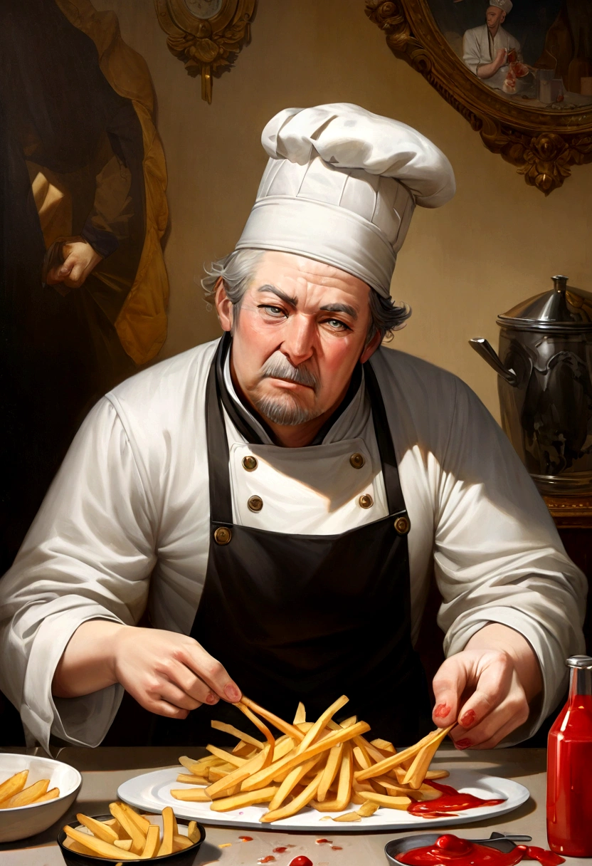 a seagull as a chef, cooking fries, hilarious, slumber, messy work, ketchup splat everywhere, fine art, epic realism