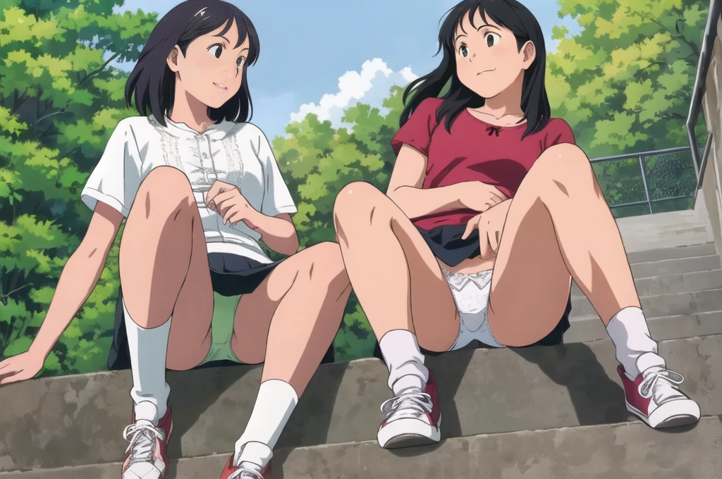 Highest quality, Ultra-high resolution, (Realistic: )2D official style cel animation,((three girls sitting in a row))mini skirt,Summer Shirts,(Lace panties),loose socks,sneakers,Full body portrait,(From below),Station stairs,sunny,Embarrassed face,Spread your legs、from the front