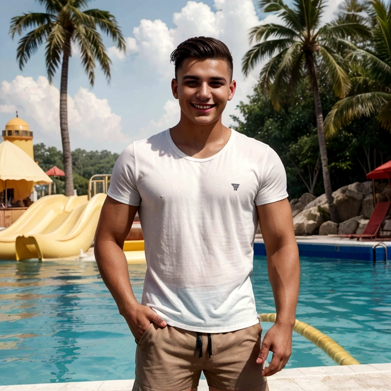 A young man, pretty brunette, tanned skin, brown eyes, stylish haircut, good body. sexual. In a white t-shirt and beach shorts, strong man's hands. in a water park inside the pool (Best quality, 4k, 8k, high resolution, masterpiece: 1.2), super detailed