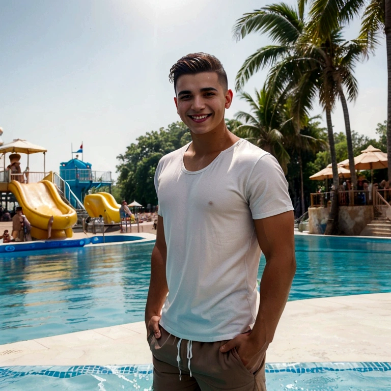 A young, Slavic man smiling, tanned skin, brown eyes, haircut styles. In a white t-shirt and beach shorts, strong man's hands. in a water park inside the pool, in the background water park (Best quality, 4k, 8k, high resolution, masterpiece: 1.2), super detailed