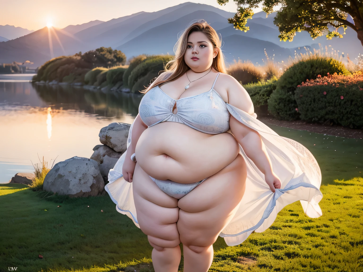 Rule_of_thirds, 1 girl, extremely obese, (obese belly):1.7, (obese legs):1.5, fat rolls, SSBBW Adeline body, Serene expression, mesmerizing eyes, gorgeous supermodel face, straight long blonde hair, flowing dress, poised posture, porcelain skin, subtle blush, crystal pendant
BREAK
golden hour, (rim lighting):1.2, warm tones, sun flare, soft shadows, vibrant colors, painterly effect, dreamy atmosphere
BREAK
scenic lake, distant mountains, willow tree, calm water, reflection, sunlit clouds, peaceful ambiance, idyllic sunset, ultra detailed, official art, unity 8k wallpaper
, zentangle, mandala