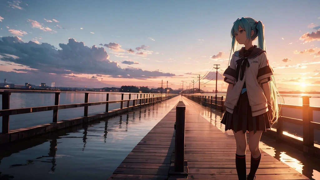 Hatsune Miku is standing on a wooden bridge lit by the setting sun in an upscaled scene。She stared into the distance、I&#39;m reminiscing on fond memories。Surrounded by a quiet lake、Her hair is blowing in the wind。This scene is、It has a calm and emotive atmosphere that connects the past and the present.。