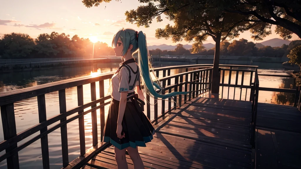 Hatsune Miku is standing on a wooden bridge lit by the setting sun in an upscaled scene。She stared into the distance、I&#39;m reminiscing on fond memories。Surrounded by a quiet lake、Her hair is blowing in the wind。This scene is、It has a calm and emotive atmosphere that connects the past and the present.。