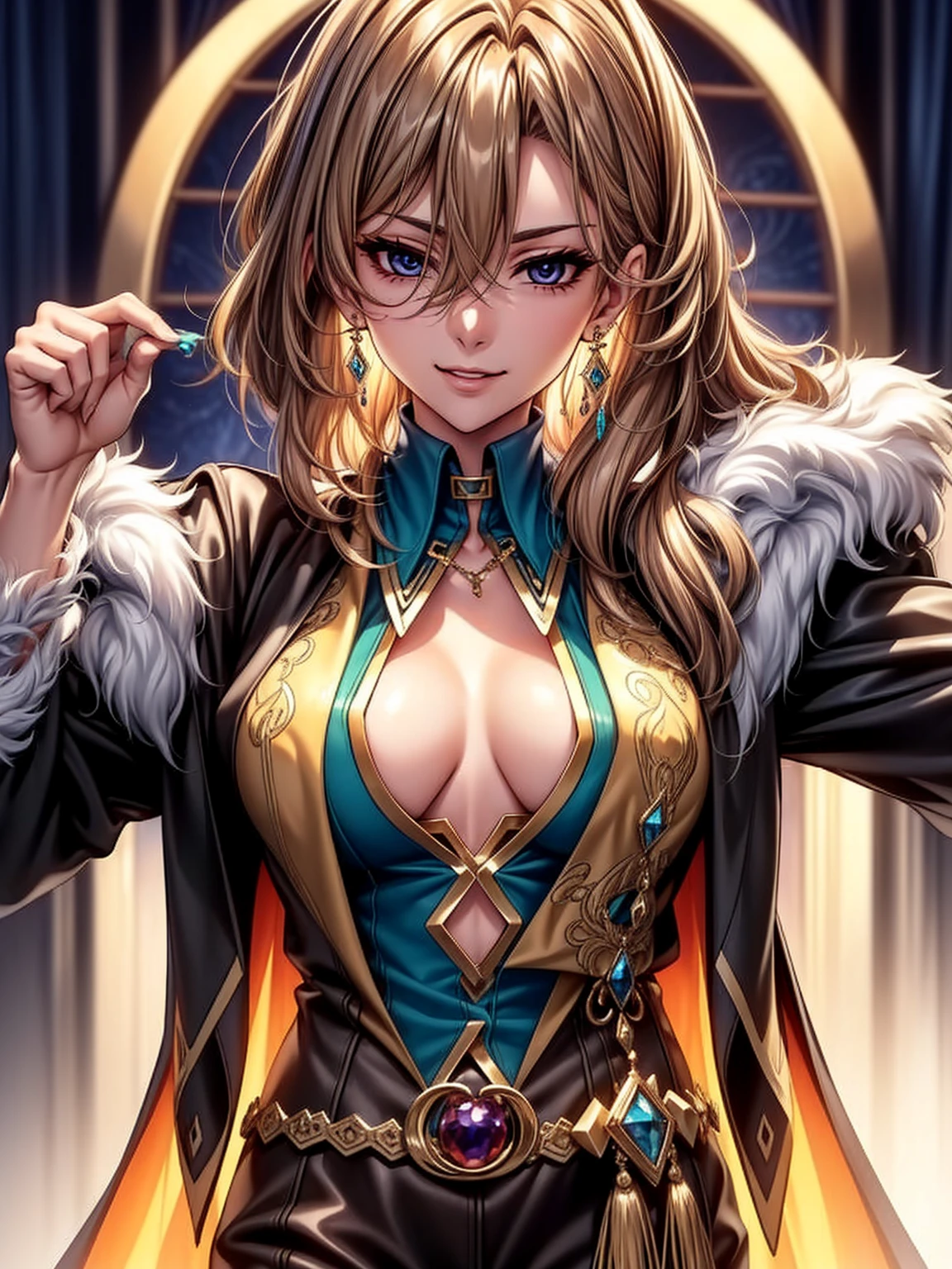top-quality、tmasterpiece、Very high resolution、super high image quality、High-quality pixels)、perfect eyes, perfect face, perfect body figure,solo,(one woman: 1.3), 8K, (extra-large breasts:1.3),(Detailed description of hair), (Detailed description of face),(Detailed description of body), fair and clear skin, matchless beauty, long legged, (long light brown hair:1.3), hair between eyes, detailed three-concentric-circles eye, shirt, single earing, mild ssmile, black coat, fur trim, casino inside, jewelry, cowboy shot, hold a golden coint
