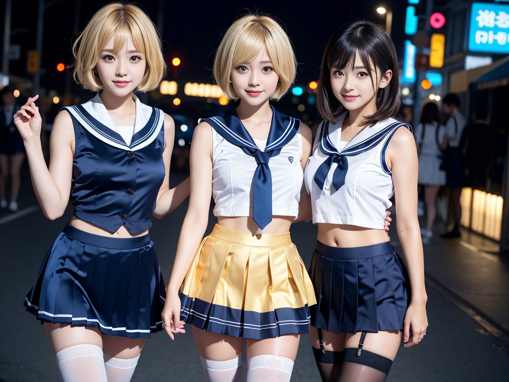 8K resolution, surreal, Super detailed, high quality, perfect anatomy, jammed, 3 girls, smiling, cute face, Phenomenally cute, perfect proportion, full body, (Japanese high school girl uniform, satin uniform, sleeveless, summer, satin sailor collar, shiny navy leotard)+++, navel, sheer stocking, night neon street background, (bleached short gold hair)+++, large breasts, invite you inside, eyes of temptation, looking at viewer, inviting eyes, idol
