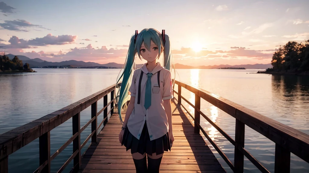 Hatsune Miku is standing on a wooden bridge lit by the setting sun in an upscaled scene。She stared into the distance、I'm reminiscing on fond memories。Surrounded by a quiet lake、Her hair is blowing in the wind。This scene is、It has a calm and emotive atmosphere that connects the past and the present.。