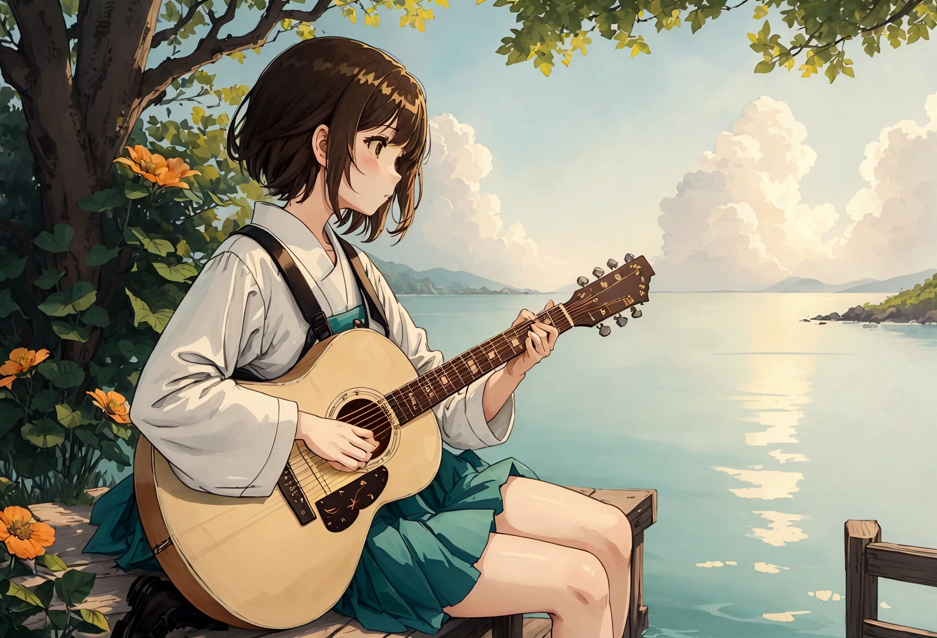 Blues, One girl, musical instrument, flower, alone, Outdoor, Brown Hair, Sitting, guitar, cloud, null, shoes, flowerびら, short hair, Day, wood, music, Blurred foreground, Blurred, shirt, blue null, playing musical instrument, orange flower, scenery, Wind, holding musical instrument, amplifier, Depth of written boundary, yellow flower, jack Jhonson, Wide Shot, Green Skirt, profile, leaf, fence, cloudy null, Ocean, Studio Ghibli Style HMC, 夕暮れ時に棚に座ってguitarを弾く少年, Wallpaper 8k, guitarを弾く, LOFI Girl,(Warm, vibrant colors), (soft, Golden Light), (Sparkling reflections on the water), Anime Style,Ocean,Oceanのビーチ,ココナッツのwood, Illustrator