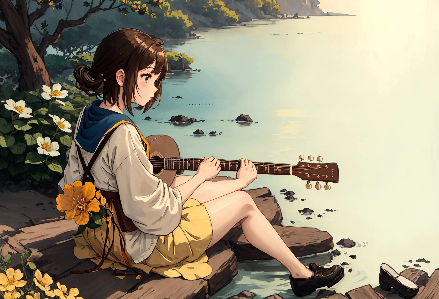 Blues, One girl, musical instrument, flower, alone, Outdoor, Brown Hair, Sitting, guitar, cloud, null, shoes, flowerびら, short hair, Day, wood, music, Blurred foreground, Blurred, shirt, blue null, playing musical instrument, orange flower, scenery, Wind, holding musical instrument, amplifier, Depth of written boundary, yellow flower, jack Jhonson, Wide Shot, Green Skirt, profile, leaf, fence, cloudy null, Ocean, Studio Ghibli Style HMC, 夕暮れ時に棚に座ってguitarを弾く少年, Wallpaper 8k, guitarを弾く, LOFI Girl,(Warm, vibrant colors), (soft, Golden Light), (Sparkling reflections on the water), Anime Style，Ocean，Oceanのビーチ，ココナッツのwood, Illustrator