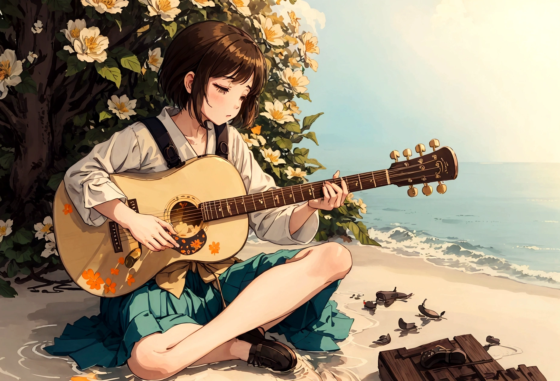 Blues, One girl, musical instrument, flower, alone, Outdoor, Brown Hair, Sitting, guitar, cloud, null, shoes, flowerびら, short hair, Day, wood, music, Blurred foreground, Blurred, shirt, blue null, playing musical instrument, orange flower, scenery, Wind, holding musical instrument, amplifier, Depth of written boundary, yellow flower, jack Jhonson, Wide Shot, Green Skirt, profile, leaf, fence, cloudy null, Ocean, Studio Ghibli Style HMC, 夕暮れ時に棚に座ってguitarを弾く少年, Wallpaper 8k, guitarを弾く, LOFI Girl,(Warm, vibrant colors), (soft, Golden Light), (Sparkling reflections on the water), Anime Style,Ocean,Oceanのビーチ,ココナッツのwood, Illustrator