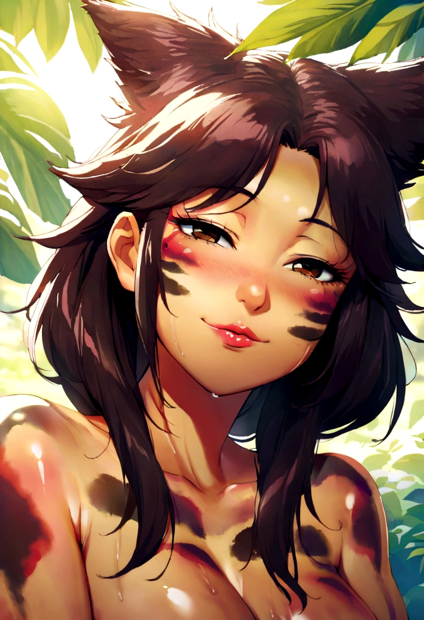 Hairy fox mom , Round face , (Tilt your face:1.1) , (Half-open wink:1.2) , Moist, round eyes , Swollen cheeks , Dark Hair , motherly smile , Glossy Lips , (nude:1.2) , Tight-fitting one-piece swimsuit , (Faded body paint:1.4) , nature , Sunny seaside , With the surprised beastmen
