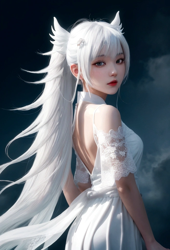Cirila Fiona Ellen Rhiannon，Dynamic Lighting，Art Station，Poster，Volumetric Lighting，Highly detailed face，4K wallpaper，Awards，1 Girl with White Hair，He has a delicate and beautiful face，Long hair flows，Horse tail，Fringe hair ornament，Dynamic Perspective，White Hanfu，White Gauze Flying，red waistband，sexy，Traditional Chinese Ink Painting，Surrounded by clouds，Foggy atmosphere，Ride the White Dragon，Turn on the tap，White Dragon Horn，Dynamic Viewing Angle，Light，