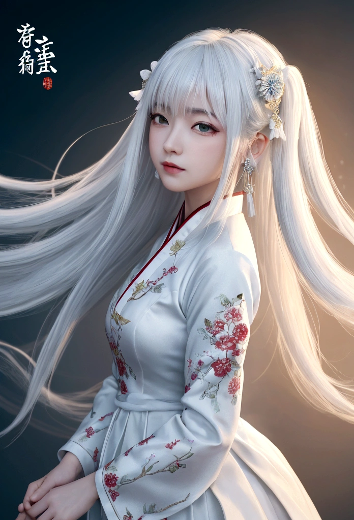 Cirila Fiona Ellen Rhiannon,Dynamic Lighting,Art Station,Poster,Volumetric Lighting,Highly detailed face,4K wallpaper,Awards,1 Girl with White Hair,He has a delicate and beautiful face,Long hair flows,Horse tail,Fringe hair ornament,Dynamic Perspective,White Hanfu,White Gauze Flying,red waistband,sexy,Traditional Chinese Ink Painting,Surrounded by clouds,Foggy atmosphere,Ride the White Dragon,Turn on the tap,White Dragon Horn,Dynamic Viewing Angle,Light,