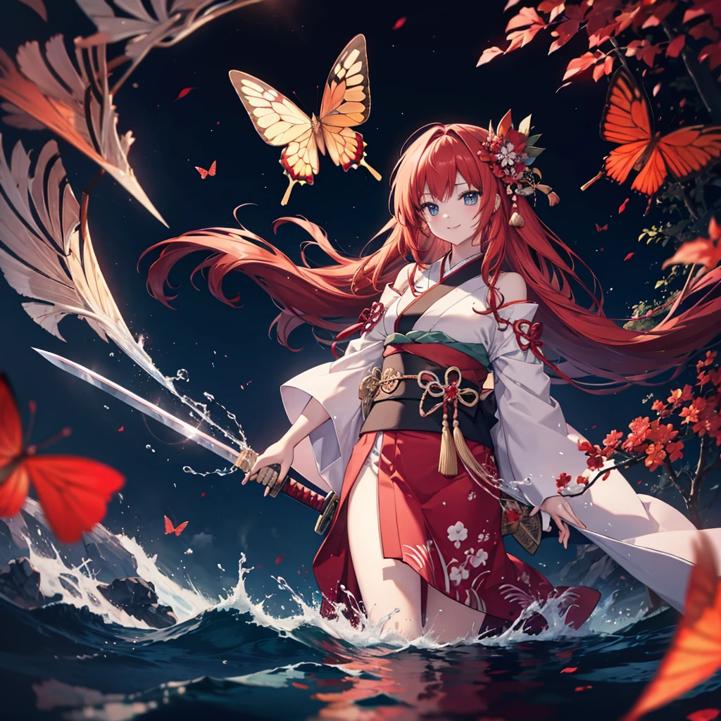 ((High resolution　Redhead　Long Hair　Tie-up hair　Black kimono　red band　Goddess of victory　smile　Standing on the surface of the water))　((Red butterfly　night　Japanese style　shoulder　old　Shining Aura　rain))　(((Grasp the sword　Japanese sword　long blade　Light reflected on the sword)))　((Shining Background　Shining Edge))moon　star　Draw your sword　Slashing　Catch the wind　autumn