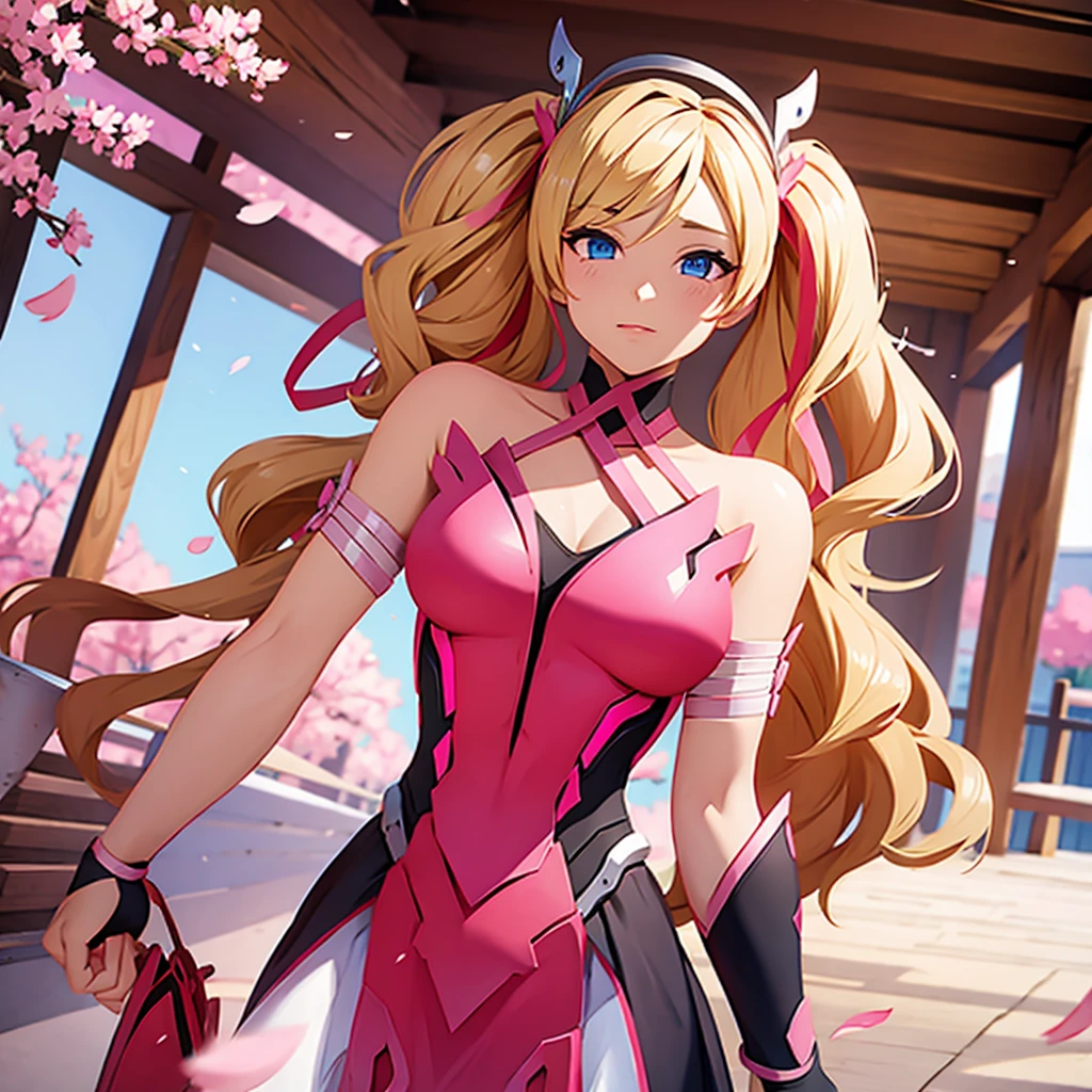 Pink mercy from overwatch, surrounded by pink cherry blossoms and swirling cherry blossom petals