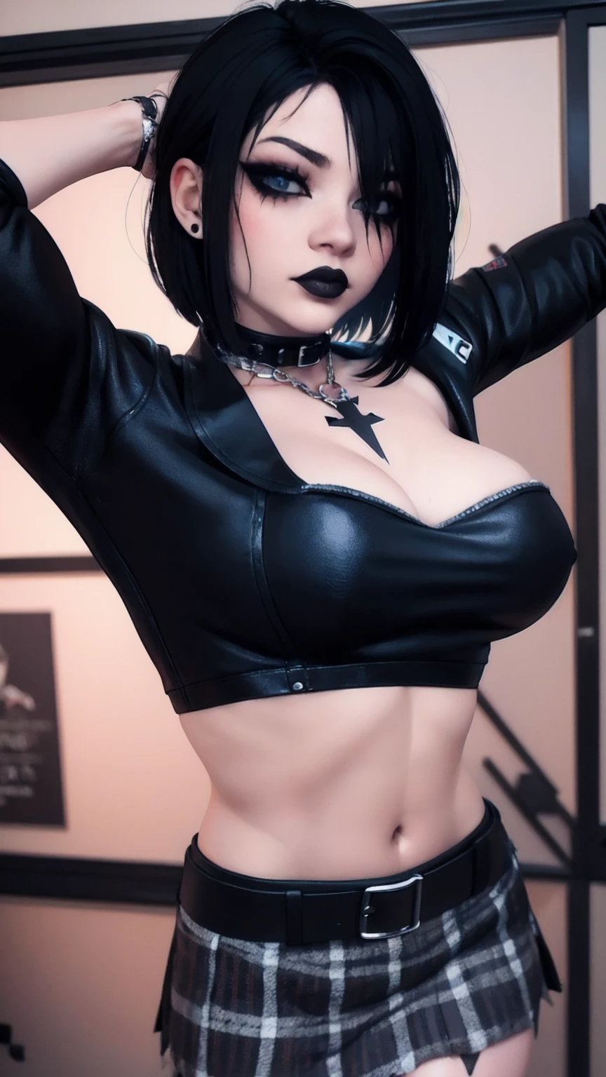 a woman with short black hair, hair on shoulders, wearing a black cropped and plaid skirt, black jacket, blue eyes, gothic art, cute aesthetic with vibe, toon aesthetic, wearing red costume, wearing gothic accessories, look like Cassie Hack, upper body,
