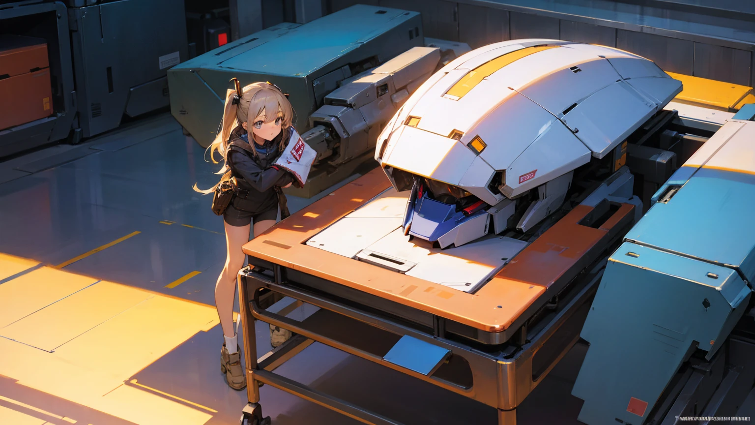 mecha girl, in a table