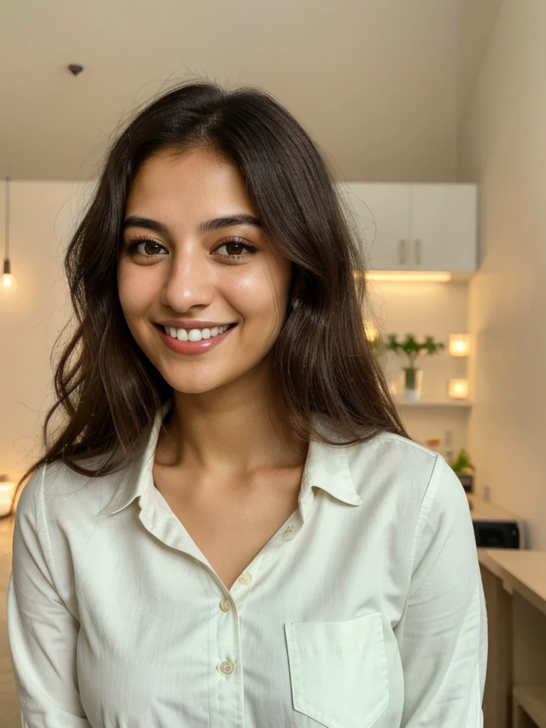 24YO, one Jordanian women, cute smile, white teethes, long light green shirt, light brown eyes, small nose, black/brown long hair