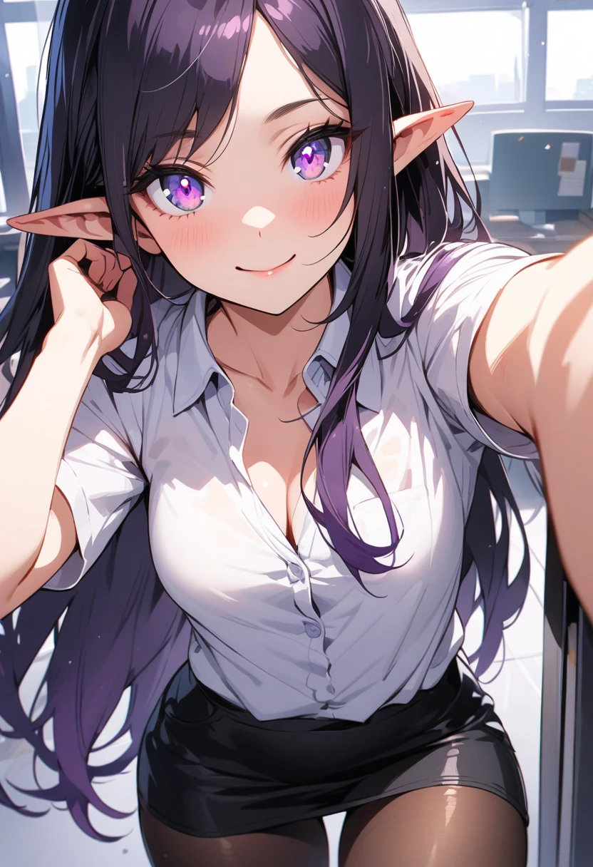 ((highest quality, masterpiece, ultra high definition, high resolution)), ((ultra-detailed illustrations:1.2)), 1 girl, solo, anime style, beautiful hair, parted bangs, loose hair, long hair, black hair, dark purple hair, multi colored hair, beautiful detailed eyes, beautiful detailed pupils, violet eyes, looking at viewer, pointed ears, smile, mid-chest, white shirt, collared shirt, short sleeves, black mini skirt, pantyhose, shiny skin, shiny, indoor, office