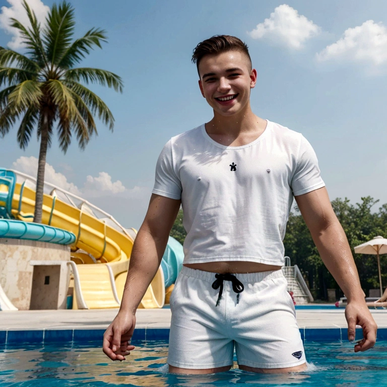 A young, Slavic man smiling. In a white t-shirt and beach shorts, strong man's hands. in a water park inside the pool, in the background water park (Best quality, 4k, 8k, high resolution, masterpiece: 1.2), super detailed