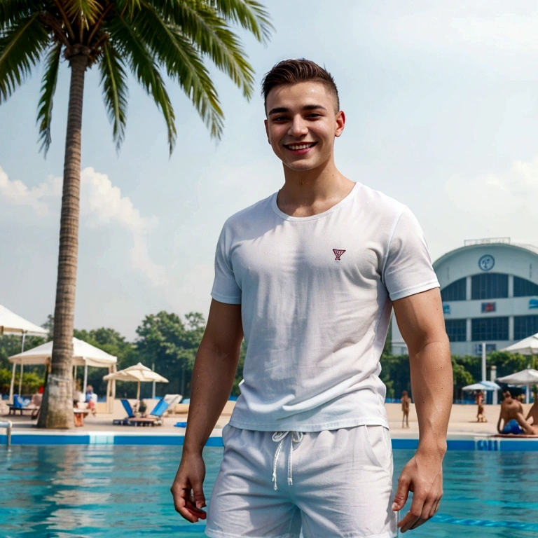 A young, Slavic man smiling. In a white t-shirt and beach shorts, strong man's hands. in a water park inside the pool, in the background water park (Best quality, 4k, 8k, high resolution, masterpiece: 1.2), super detailed