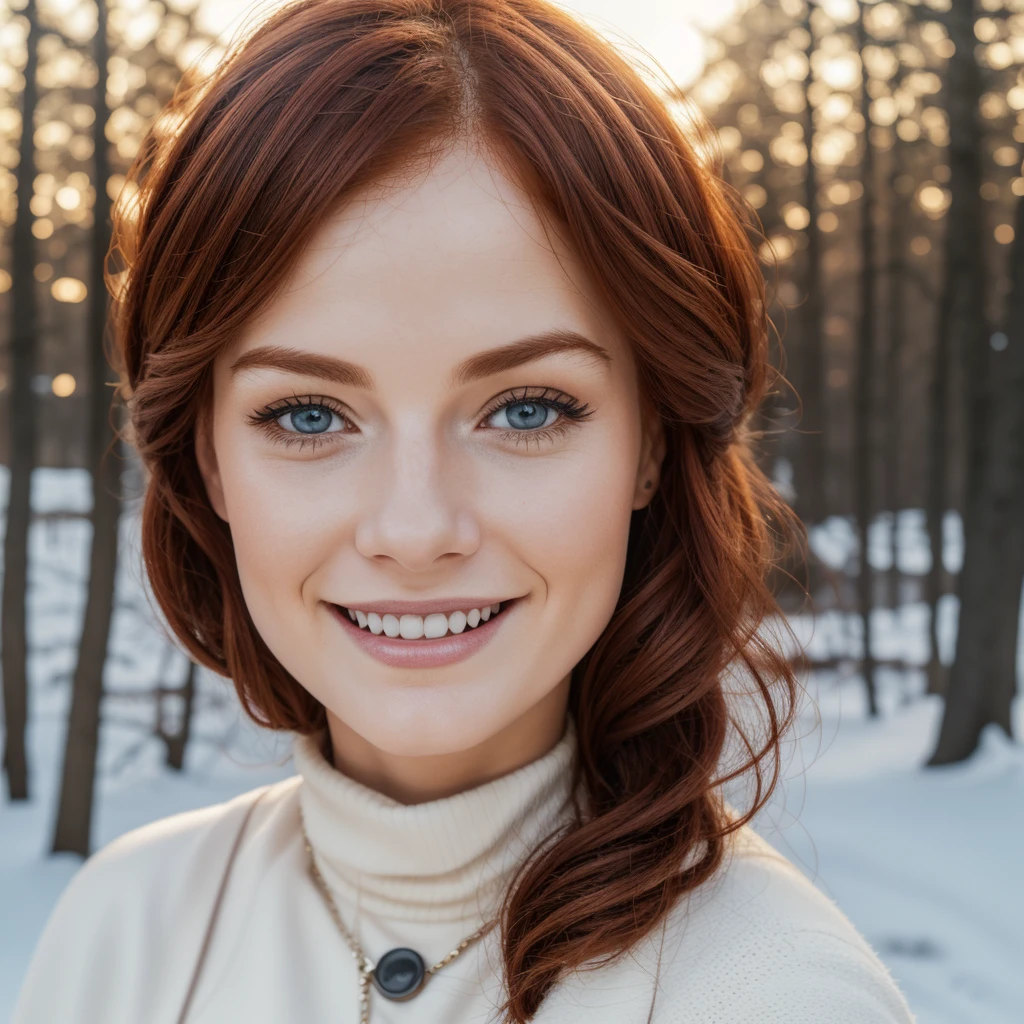 Hyperrealistic and detailed full body photo of a young woman, smiling red haired beautiful woman. Winter. Die Sonne scheint. Perfekte Augen, (Augen-Make-up:1.1), (Hochdetaillierter Skin:1.1), .RAW, Analoger Stil, Scharfer Fokus, 8K UHD, DSLR, High quality, Fujifilm XT3, Korn, awards winning, Meisterwerk.