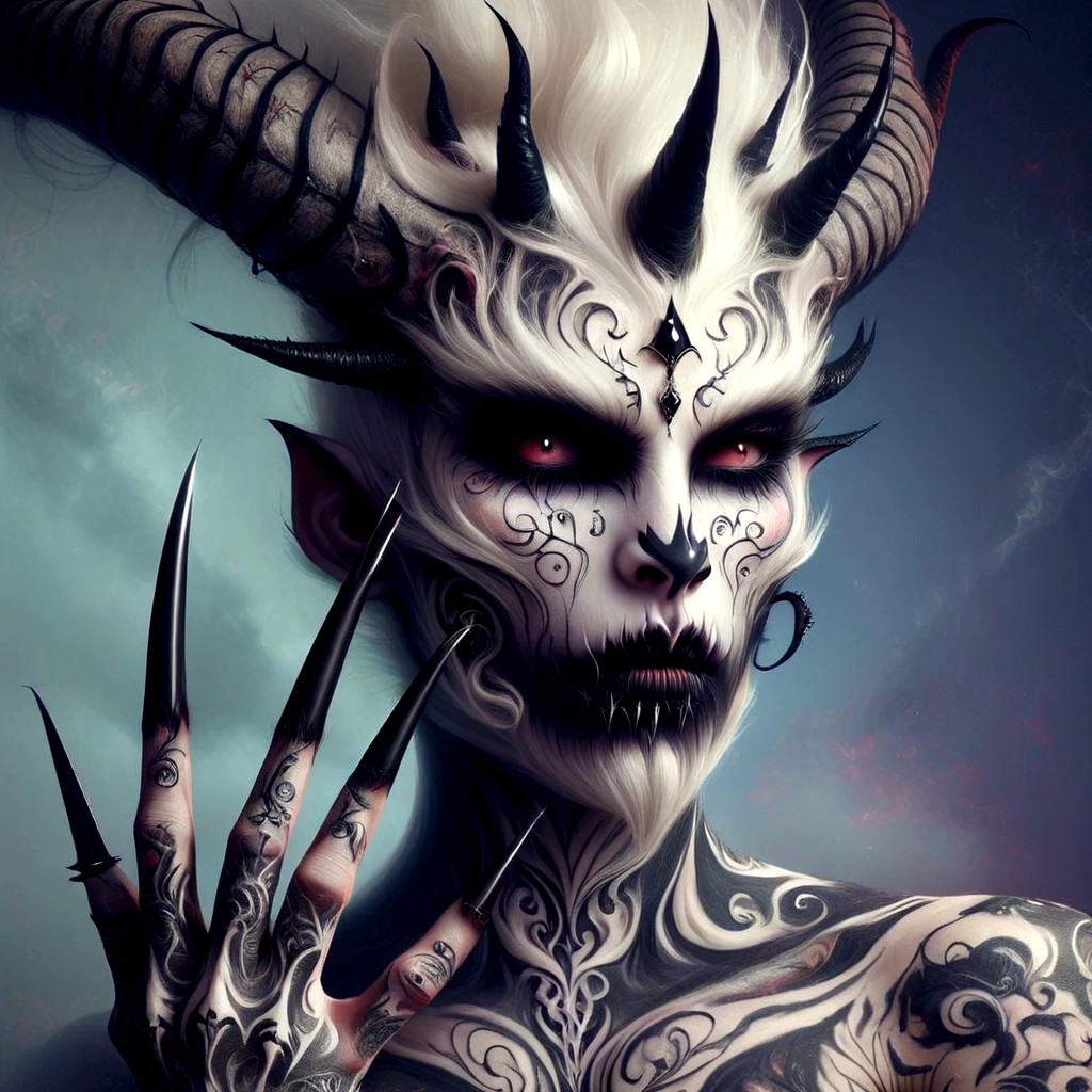 arafed male with horns and tattoos holding a pair of scissors, fit male demon with white horns, white horns queen demon, with horns, demon white horns, portrait of a female demon, portrait demon half human, with black horns instead of ears, demon horns, demonic creature, demon woman, girl design lush horns, white horns from eyebrows, demon girl