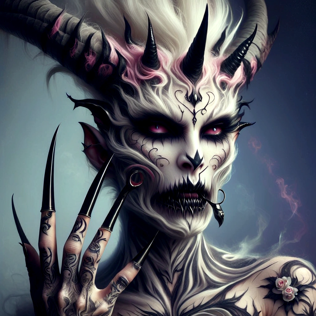 arafed male with horns and tattoos holding a pair of scissors, fit male demon with white horns, white horns queen demon, with horns, demon white horns, portrait of a female demon, portrait demon half human, with black horns instead of ears, demon horns, demonic creature, demon woman, girl design lush horns, white horns from eyebrows, demon girl