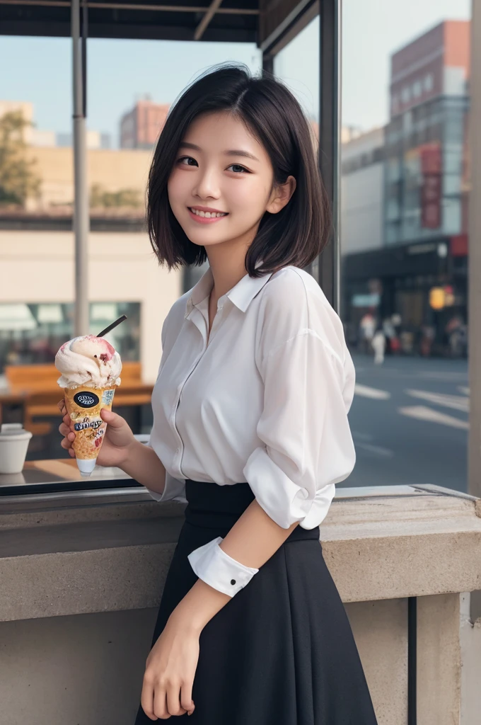 30yo girl, duch angle, greate smile, masterpiece, highest quality, (Highly detailed 8k wallpaper) (highest quality), (Best illustrations), (Best Shadow) nature, city view, cloud, Super detailed, thunder cloud、smile、eating soft serve ice cream (icecream), White Shirt、Business suit, black tight long skirt、shoulder bag, splush, shiny, shiny skin, shiny hair, floating short black hair, brown eyes, upper body, looking away,