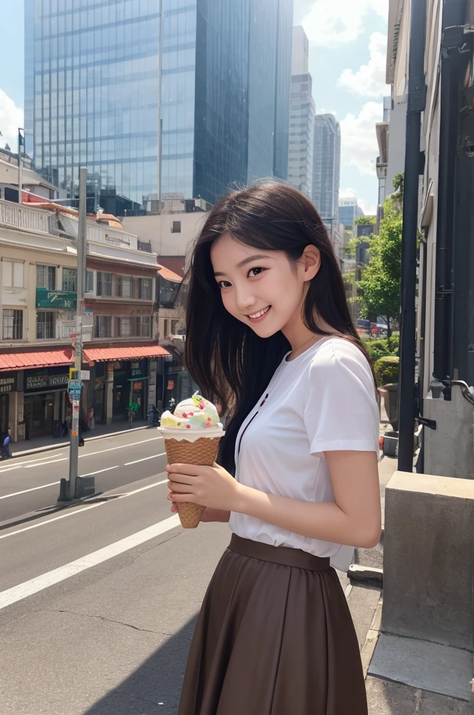 30yo girl, duch angle, greate smile, masterpiece, highest quality, (Highly detailed 8k wallpaper) (highest quality), (Best illustrations), (Best Shadow) nature, city view, cloud, Super detailed, thunder cloud、smile、eating soft serve ice cream (icecream), White Shirt、Business suit, black tight long skirt、shoulder bag, splush, shiny, shiny skin, shiny hair, floating short black hair, brown eyes, upper body, looking away, 