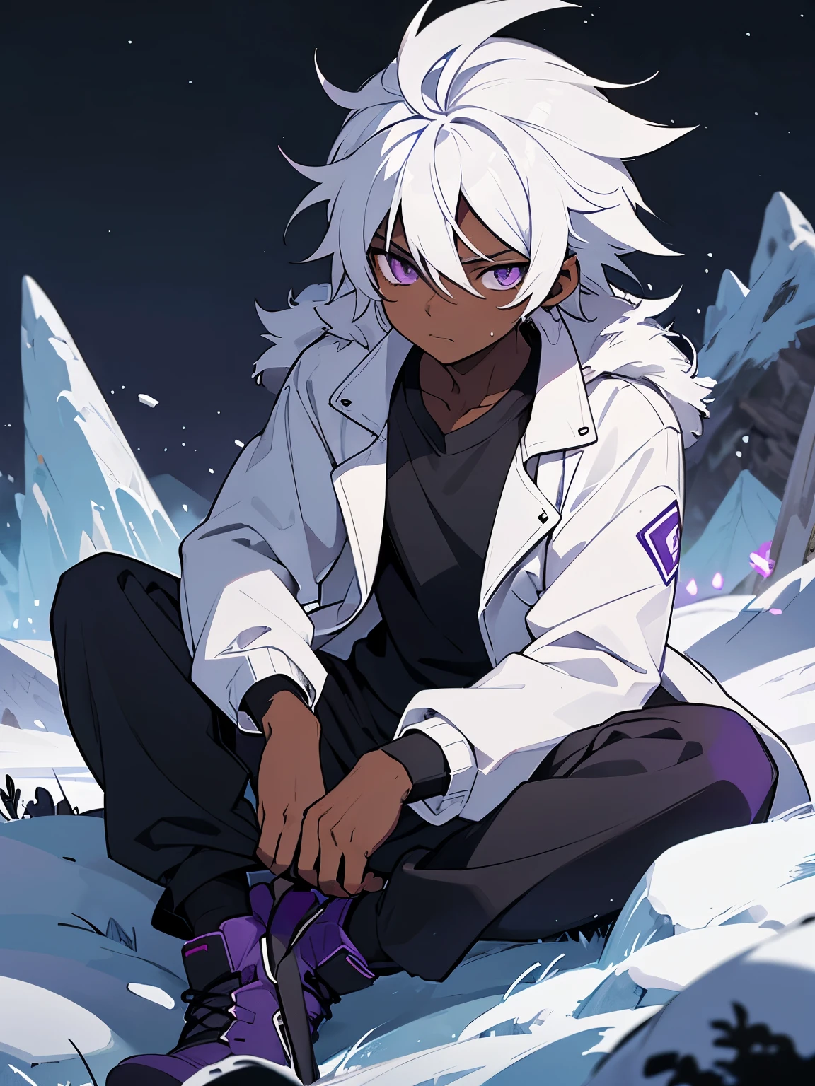 Best image quality, A young male, dark skin, white hair, messy hair, purple eyes, black long-sleeved shirt, white coat, black sweatpants, white boots, on a mountain at night, cold expression.
