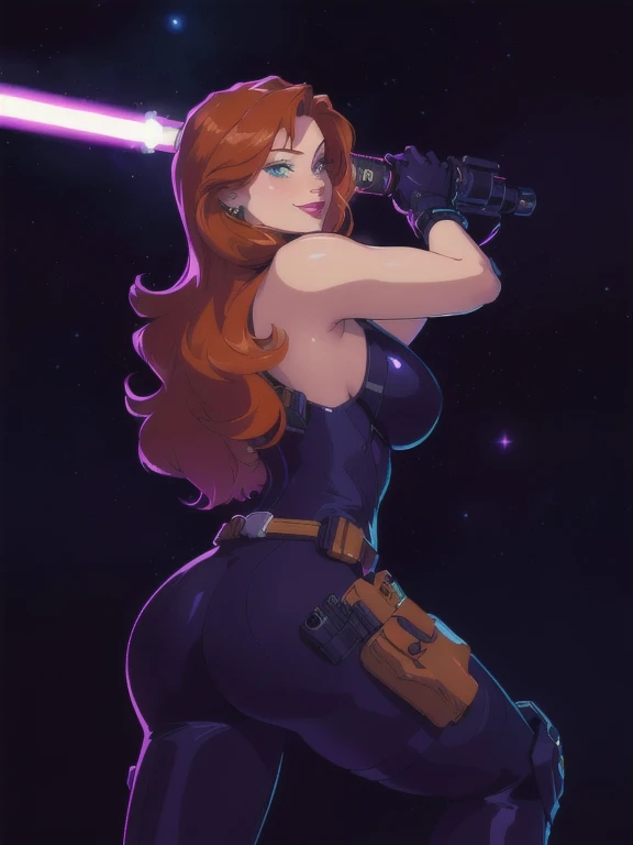 (Detailed face:1.2), (Detailed eyes:1.2), (Perfect figure:1.2), CARTOON, ANIME, CARTOON ARTSTYLE, vintage science fiction, Star Wars based environment, extremely detailed face, long eyelashes, (Mara Jade), Mara Jade Skywalker, long orange hair, bright green eyes, red lipstick, attractive body, athletic figure, bubble butt. She's looking at the camera with a thrilled smile and arrogant smirk. She's wearing a tight shiny black leather suit, black gloves, gun holster, utility belt and high-heel boots. Upper body shot, back view, ass view. She holding a purple lightsaber. Background: Outer Space, stars, cosmic clouds, Chain of fractal nebulae, cosmic, Celestial