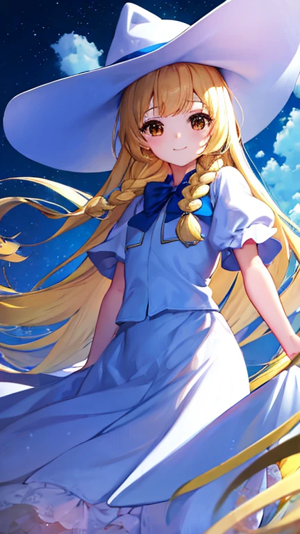 masterpiece, Highest quality, High resolution，Follow the prompts、Anime Style、One Girl、Lady、Long blonde、Pale brown eyes、Put your bangs in thin braids、白色のLadyドレス、Wide-brimmed hat、smile、I left my childhood behind