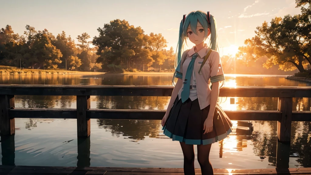 Hatsune Miku is standing on a wooden bridge lit by the setting sun in an upscaled scene。She stared into the distance、I'm reminiscing on fond memories。Surrounded by a quiet lake、Her hair is blowing in the wind。This scene is、It has a calm and emotive atmosphere that connects the past and the present.。