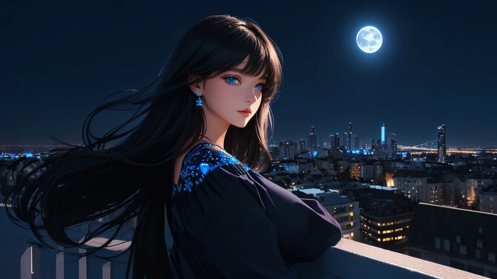 ultra-detailed, beautiful eyes, detailed eyes, detailed face, ultra-detailed, beautiful eyes, Black medium hair, high angle shot, Woman with beautiful blue eyes, looking at the city nightscape on a lonely night, profile, black casual loose-fitting dress, leaning against the wall, deep blue background, moonlight, fantastic lights of buildings and buildings, (((World with blue background))), ((city lights shining beautifully)), blur, Composition like a scene from a movie, master piece, best quality, high resolution, 16k