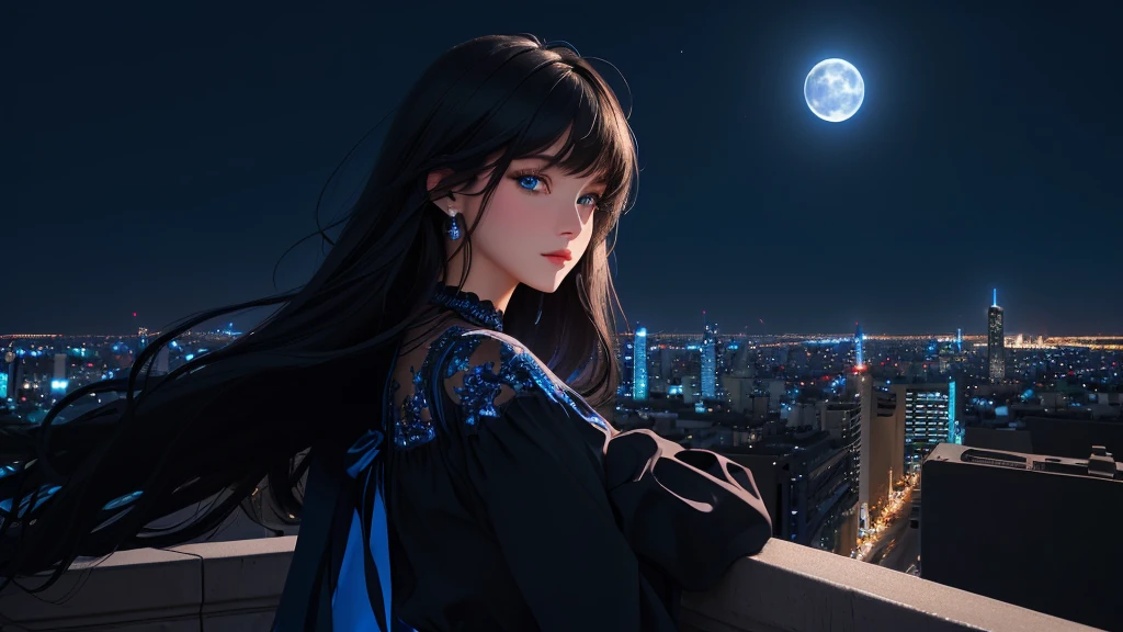 ultra-detailed, beautiful eyes, detailed eyes, detailed face, ultra-detailed, beautiful eyes, Black medium hair, high angle shot, Woman with beautiful blue eyes, looking at the city nightscape on a lonely night, profile, black casual loose-fitting dress, leaning against the wall, deep blue background, moonlight, fantastic lights of buildings and buildings, (((World with blue background))), ((city lights shining beautifully)), blur, Composition like a scene from a movie, master piece, best quality, high resolution, 16k