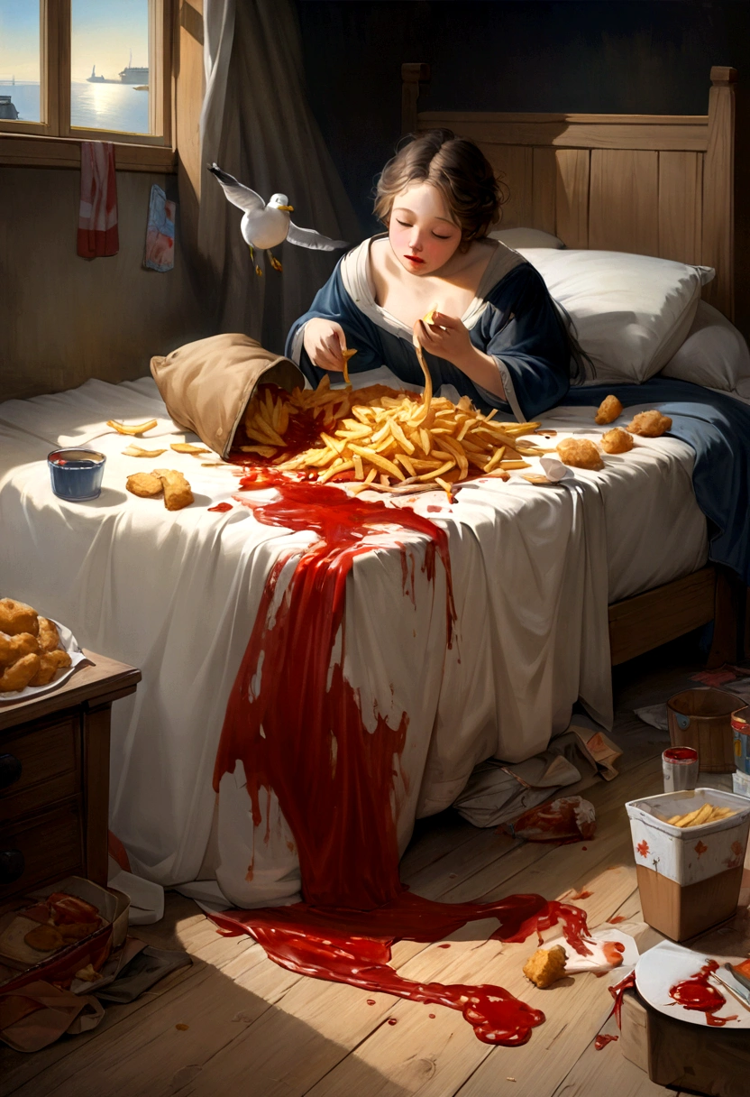a seagull cooking fries, hilarious, slumber, messy work, ketchup splat everywhere, fine art, epic realism