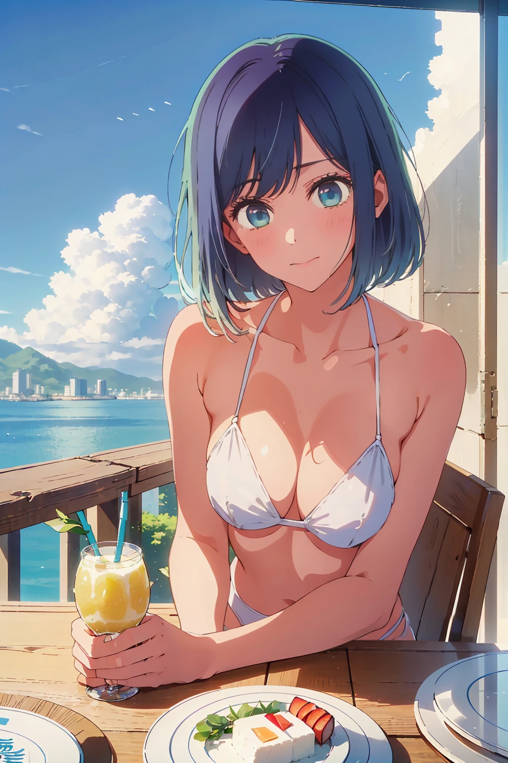 Highest quality,8k,detailed,F cup bust、Big Breasts、Very cute face、Slim and beautiful arms、Slim body、((((1 person、looking at the camera、smile、Very white beautiful skin、Thin white bikini、smile、sit、In the background are the skyscrapers of Tokyo city、Outdoor café terrace、Drink juice、Cheek resting on hand、coastal、table、Shooting from a distance))))、I can see the deep blue sky、She tilted her head slightly、The atmosphere is bright and lively、The woman is at the center of the image。