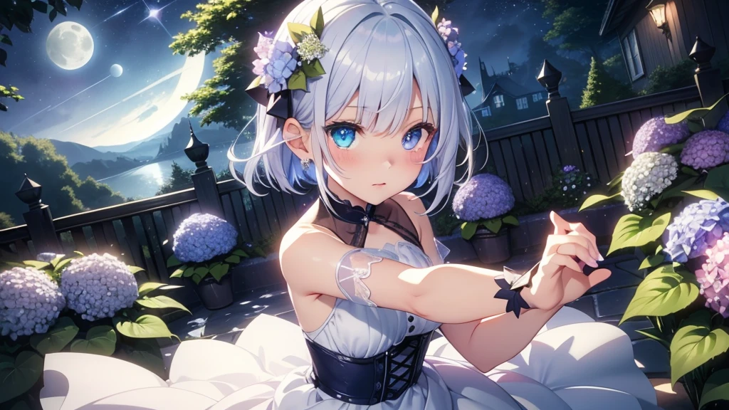((Masterpiece)), (Anime:1.3), ((best quality)), (Professional Photography:1.3), (super detail:1.2), (High Definition:1.3), (), 8K, lens flare, wide shot, Textured skin, cinematic lighting, 1girl, ((Beautiful Gothic Lolita pure-white-Dresses)), (very hoop-dress), Luxury roses embroidery, cute innocent young girl, (hair over one eye), Slender and small breasts, (long silky blue hair), (gothic lolita makeup), beautiful blue hair, (smile of ecstasy), (cute sparkle), (Healthy body), ((sitting on the rubbles)), Light particles, (beautiful appearance), (red roses garden), (sharp focus), (perfect light),blue hair,((dynamic angle)),((dynamic pose)),