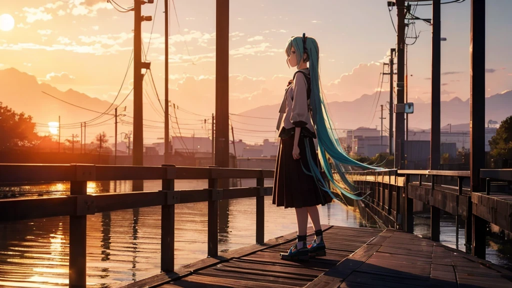 Hatsune Miku is standing on a wooden bridge lit by the setting sun in an upscaled scene。She stared into the distance、I&#39;m reminiscing on fond memories。Surrounded by a quiet lake、Her hair is blowing in the wind。This scene is、It has a calm and emotive atmosphere that connects the past and the present.。