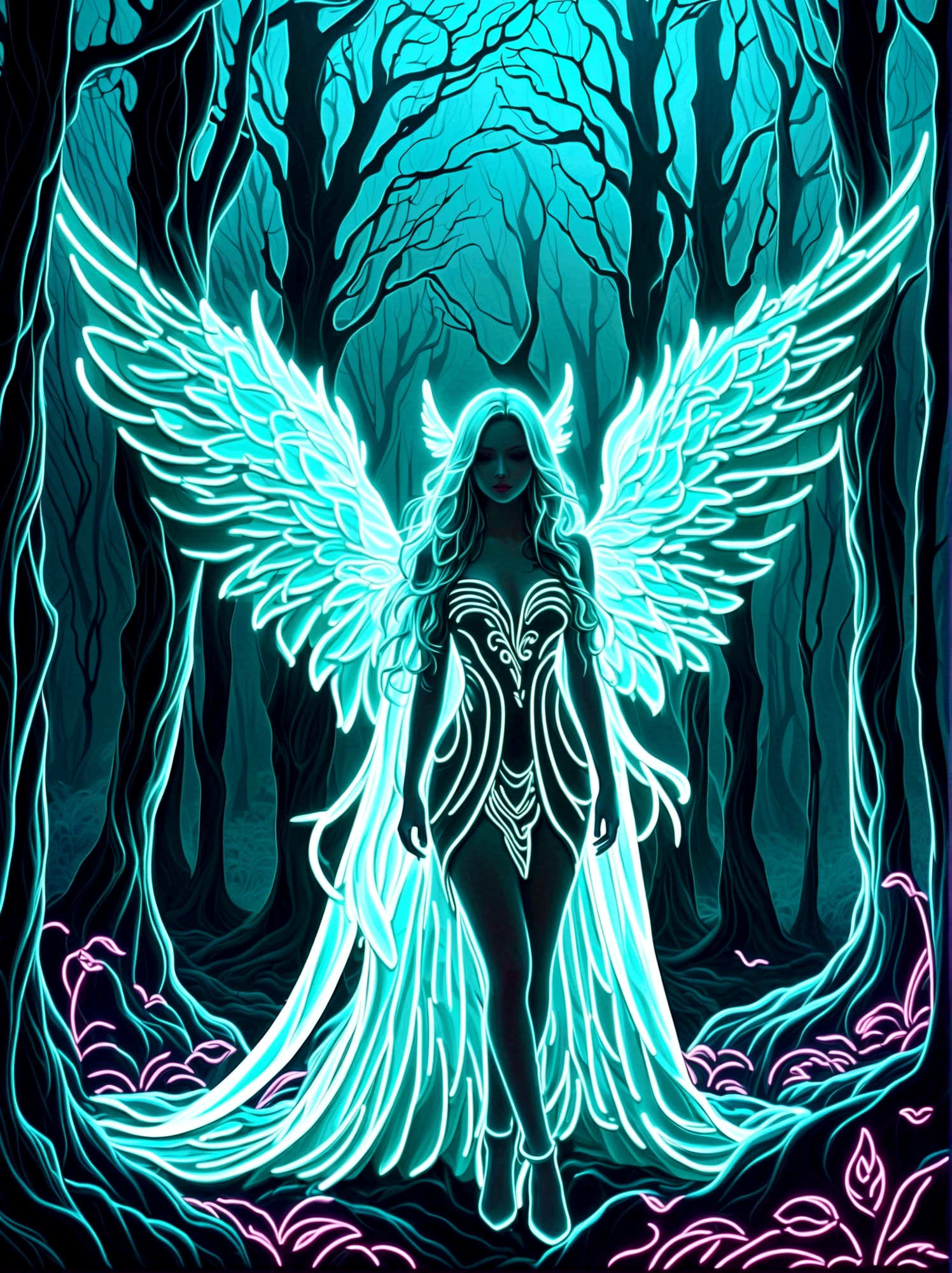 Neon，发光的Neon, Desolate mysterious forest in fog，Beautiful girl with long white wavy hair，Stand in front，With wings，(翅膀由彩虹色Neon轨迹形成:1.3)，Surreal，fantasy，Stunning，Vision，whole body